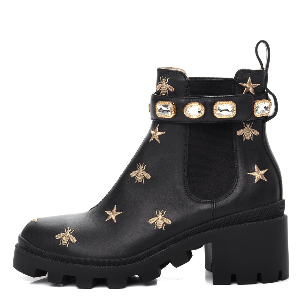 DUPES Embroidered Gold Bee and Stars Chunky Ankle Boots